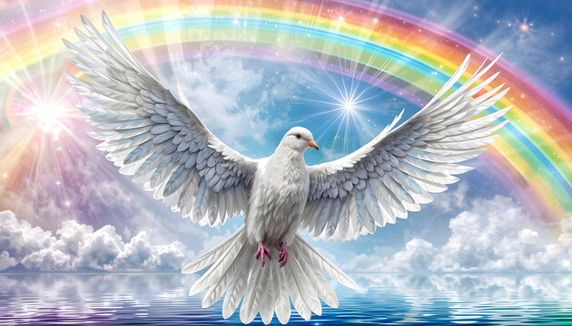 White dove flies over the water against the background of a rainbow and a blue sky with white clouds