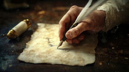 Close-up of a hand using a quill pen to write on aged parchment, evoking historical or vintage writing practices.
