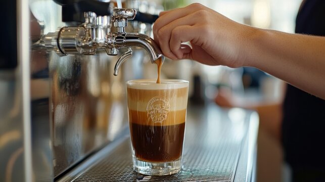 A modern cafe scene serving nitro coffee, with a tap system prominently displayed and a barista pouring the drink into a glass