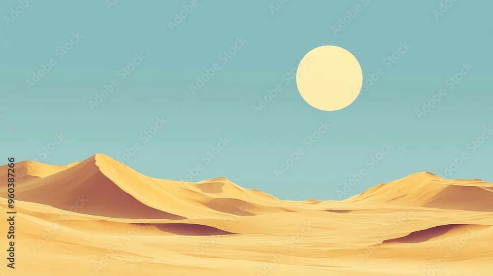Wall mural a minimalist illustration of a desert landscape under a clear blue sky with a bright sun and undulat