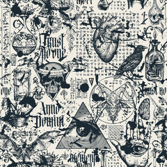 Grunge Vintage hand-drawn seamless pattern on occultism, satanism and witchcraft. Abstract masonic background. Latin phrases translated Think about death, From Nativity of Christ
