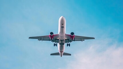 An airplane flying against a clear blue sky, capturing the essence of travel and freedom in aviation.