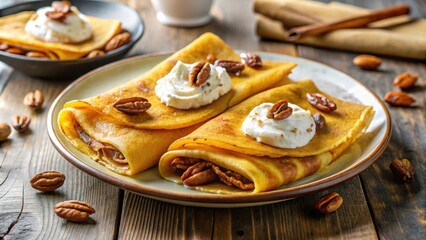 Pumpkin crepes filled with cream cheese, pecans, and maple syrup