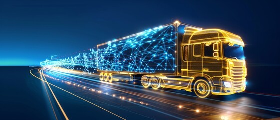 Digital gold high-speed truck in low poly wireframe, the future of logistics and freight management. Autonomous Trucking and Delivery, electric or hydrogen-powered vehicle.
