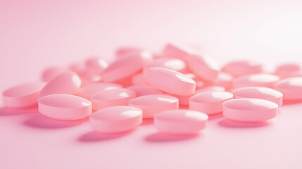 a pile of biotin soft gel capsules in pink hues against an isolated soft blush pink background