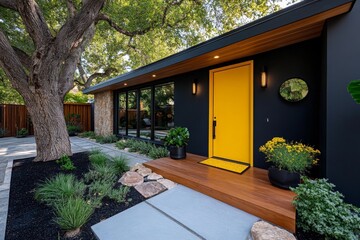 House, mid-century modern, retro appeal features bold geometric shapes, clean lines, and vibrant colors