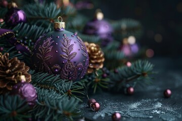 Fototapeta premium Close-up of a shimmering purple ornament hanging on a green pine branch, capturing the elegance of holiday decoration.