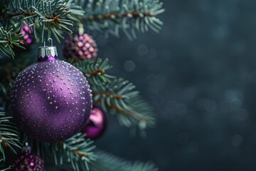 Obraz premium Close-up of a shimmering purple ornament hanging on a green pine branch, capturing the elegance of holiday decoration.