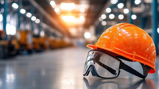 An orange safety helmet and protective goggles on a factory floor, emphasizing workplace safety and industrial environment.