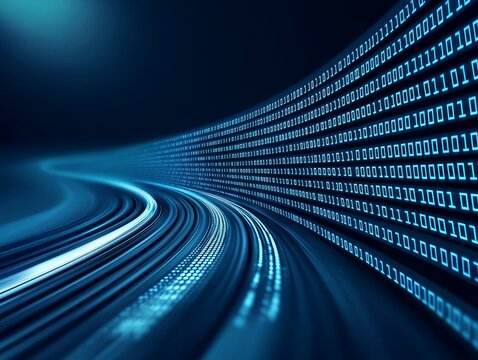 Abstract digital data stream concept. Binary code flowing in a blue curved tunnel.