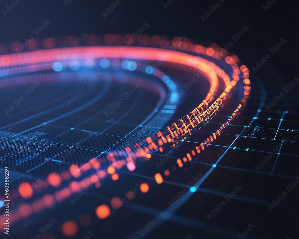 Poster abstract digital lines and glowing particles create a futuristic, tech-inspired design.