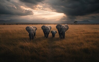 A group of elephants walking through a golden grassland under a dramatic sky at dusk.