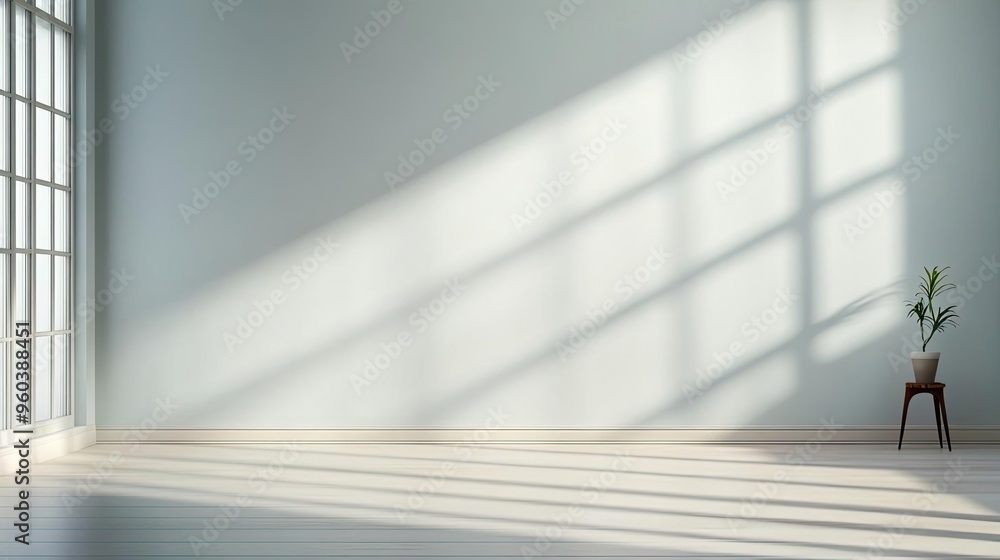 Poster bright and minimalistic interior featuring soft shadows and a single plant, creating a serene and in