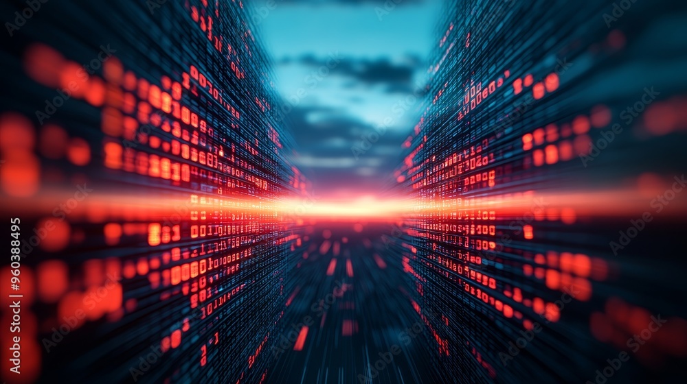 Poster abstract digital tunnel with glowing red data streams against a twilight sky.