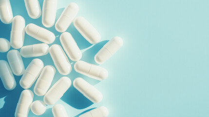 a pile of white probiotic capsules against an isolated light pastel blue background