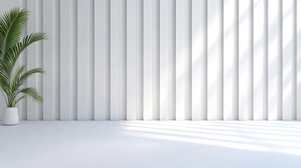 Obraz premium Bright and modern interior with white wall and minimalistic decor, featuring a single potted plant for a fresh ambiance.