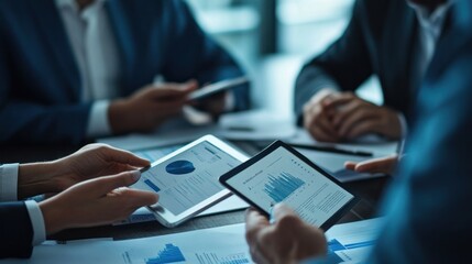A private equity investment team conducting a due diligence meeting, digital tablets and financial reports on the table, diverse professionals in deep discussion