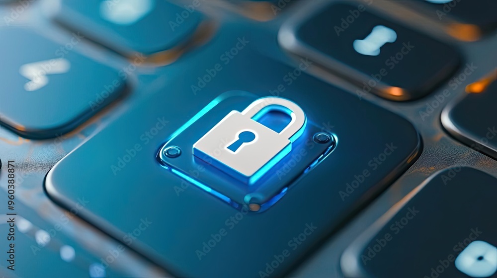 Poster close-up of a blue illuminated lock icon on a keyboard, symbolizing digital security and data protec