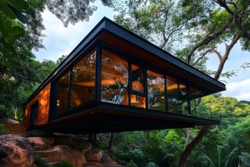 Fototapeta premium House, treehouse, nestled in nature provides a unique living experience among the treetops