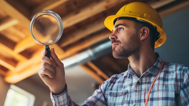 A professional home inspector conducting a construction inspection, examining structural elements and safety features of a recently built property