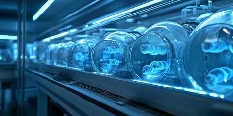 Obraz premium Blue light illuminates glass tubes in a row.