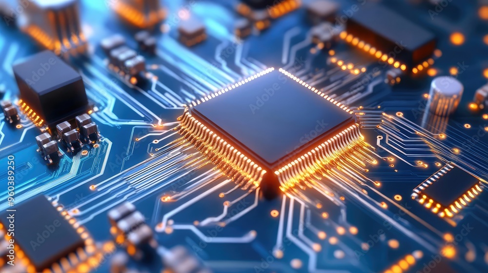 Poster close-up of a microchip on a circuit board, showcasing intricate designs and glowing connections in 