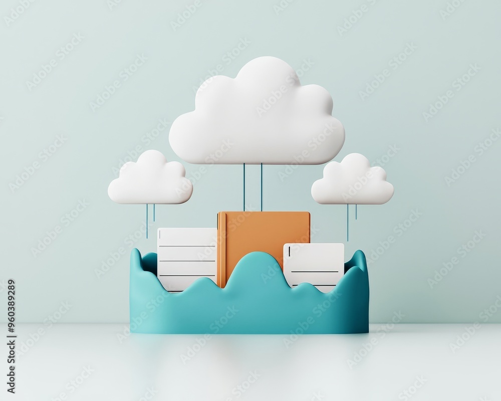 Poster cloud computing concept with 3d rendered cloud and files on a blue platform.