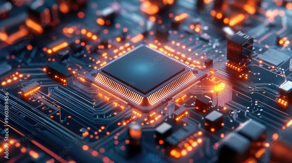 Poster close-up of a modern processor on a circuit board with glowing elements, showcasing advanced technol
