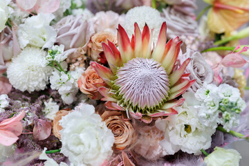 Modern beautiful bouquets of flowers at the exhibition.