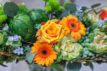 Modern beautiful bouquets of flowers at the exhibition.
