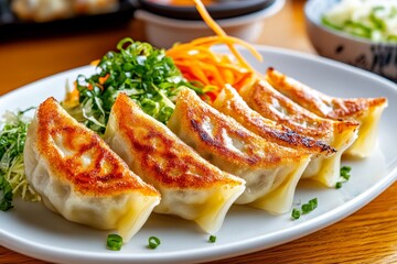 Japanese food, gyoza, pan-fried dumplings filled with pork and vegetables, crispy on one side and soft on the other