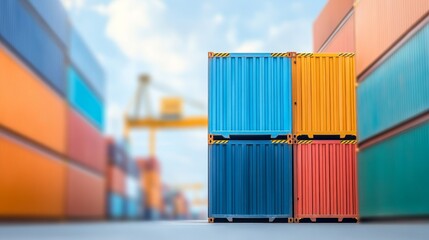 Fototapeta premium Colorful shipping containers stacked in a port, with a crane in the background. A symbol of global trade and transportation.
