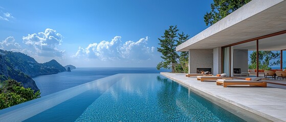Serene Paradise: Luxurious Villa Terrace with Plush Sunbeds, Pristine Pool, Ocean View, and Cloudless Sky