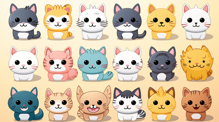 Set d'illustration de petits chats dans un style kawaii. Animaux domestiques, chat, animal de compagnie. Mignon, enfant. Pour conception et création graphique.