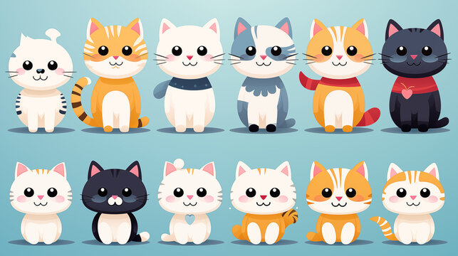 Set d'illustration de petits chats dans un style kawaii. Animaux domestiques, chat, animal de compagnie. Mignon, enfant. Pour conception et cr&eacute;ation graphique.