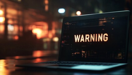 Cybersecurity alert: laptop screen displays warning message in dark urban setting