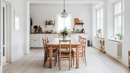A dining area with white walls, wooden dining table, and chairs, creating a harmonious blend of simplicity and warmth
