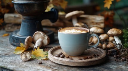 A rustic scene featuring a cup of mushroom coffee, with wild mushrooms and a coffee grinder in the background