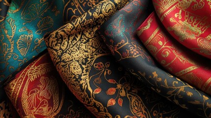 A modern interpretation of Indonesian fabric patterns in high resolution, highlighting intricate designs and bold colors for contemporary use