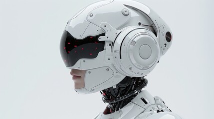 Naklejka premium Futuristic handsome man with headphones in profile. 3d rendering of stylish robot listening to music