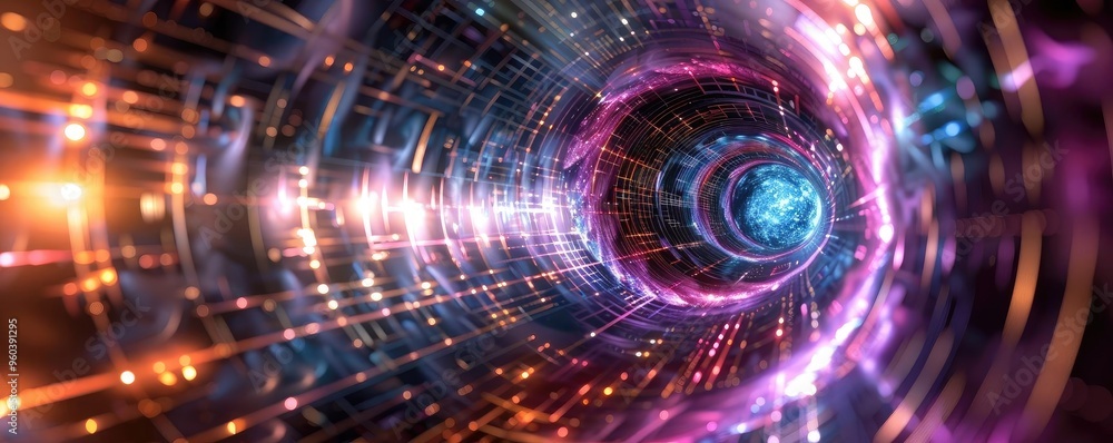 Poster Abstract representation of a cosmic tunnel, featuring vibrant colors and intricate light patterns, evoking a sense of deep space exploration.