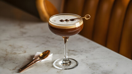 A glass  of espresso martini with a frothy top and three coffee beans for garnish, served in a classic martini glass.

