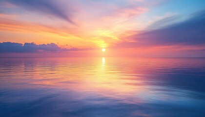 Fototapeta premium A serene sunset over a calm ocean, reflecting vibrant colors in the water.