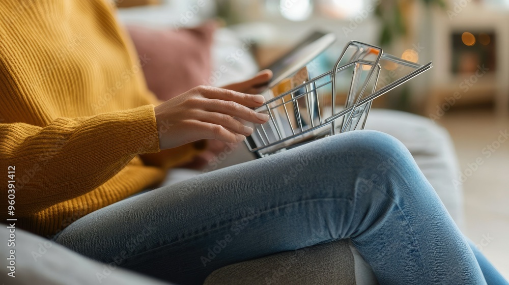 Poster a person relaxing on a couch while using a tablet to shop online, with a focus on the online orderin