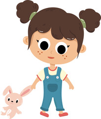 illustration of little girl playing with a rabbit doll
