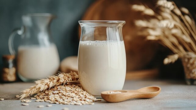 a jug of oat milk with oats and a wooden spoon, a design concept for dairy-free lifestyle with alternative milk ideal for those avoiding dairy