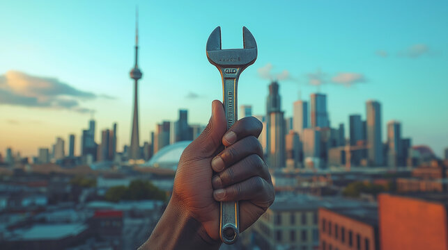 Hand Holding Wrench Against City Skyline at Sunset