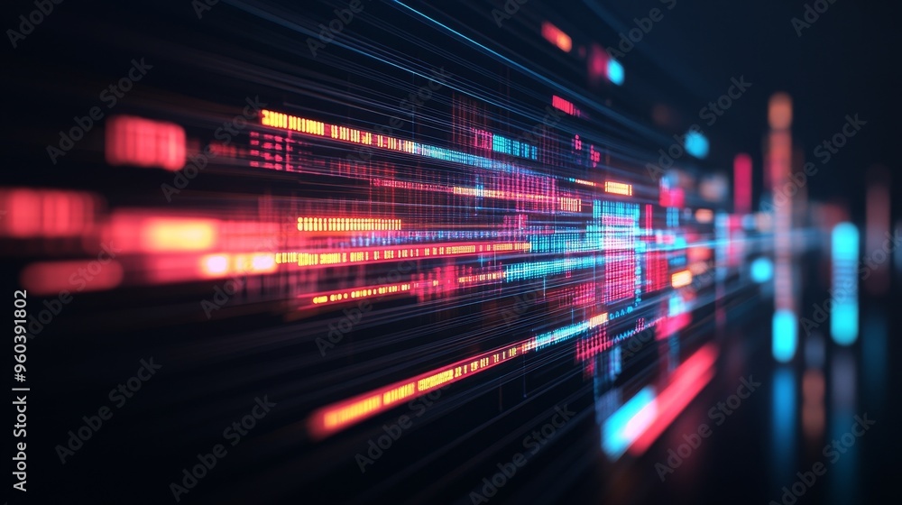 Poster abstract digital background with glowing lines and data streams in red, orange, blue, and white.