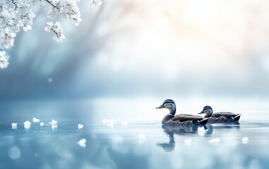 Two ducks swimming peacefully in a serene, misty environment with blooming flowers.