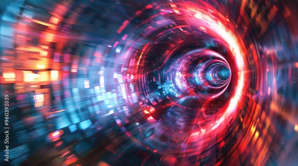 Poster A dynamic abstract image showcasing vibrant lights and swirling patterns, evoking a sense of rapid movement and visual energy.